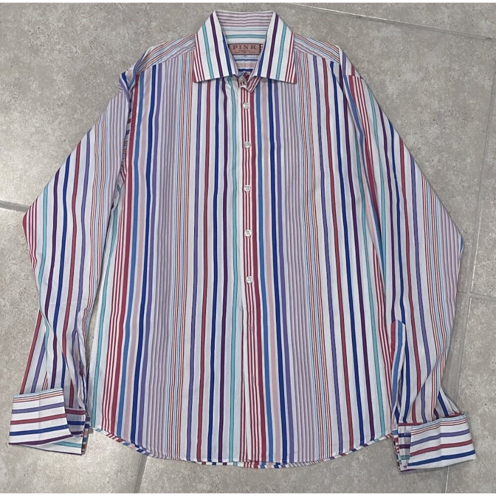Thomas Pink jermyn street london white Multi Color stripe Size 15/38 French Cuff